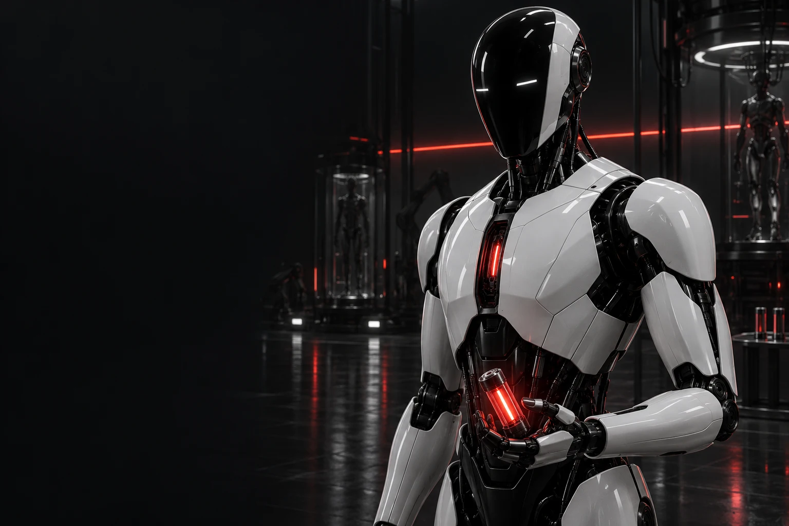 WATT's white and black humanoid robot holding a red energy cell
